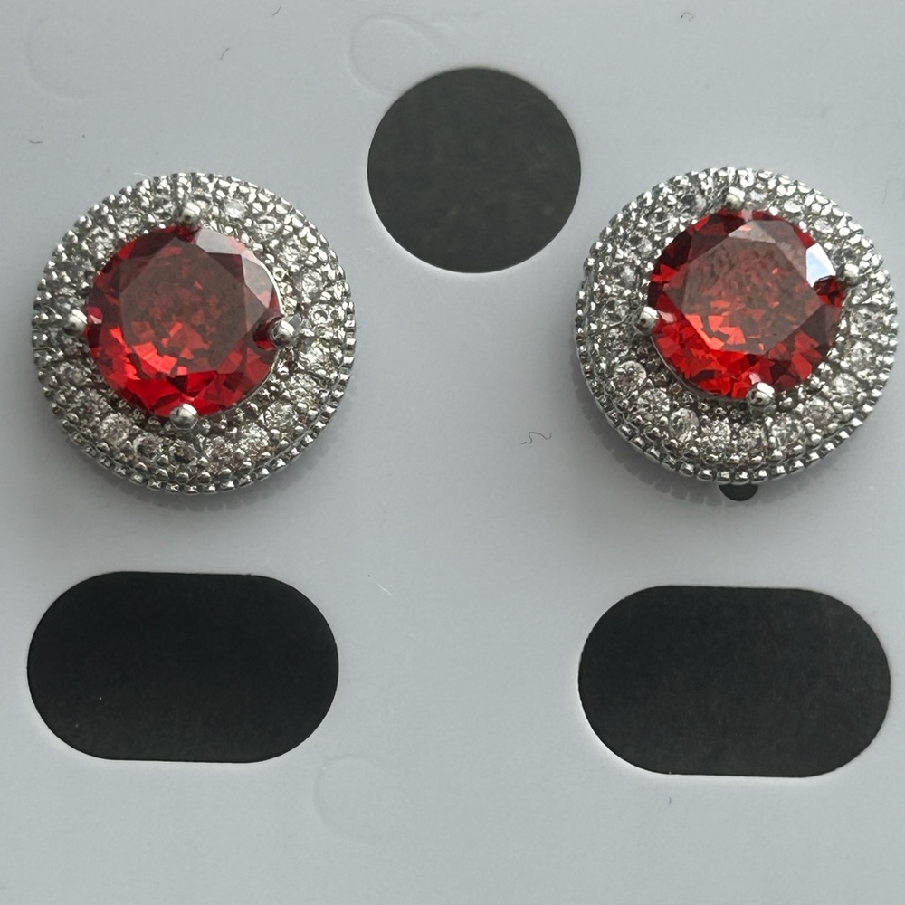 18K White Gold Filled Red Halo Stud Earrings – AAA CZ Stones – NWOT